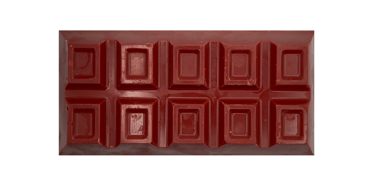 Red chocolate bar stuffed with cream cheese frosting, chocolate cake, and vanilla cookies