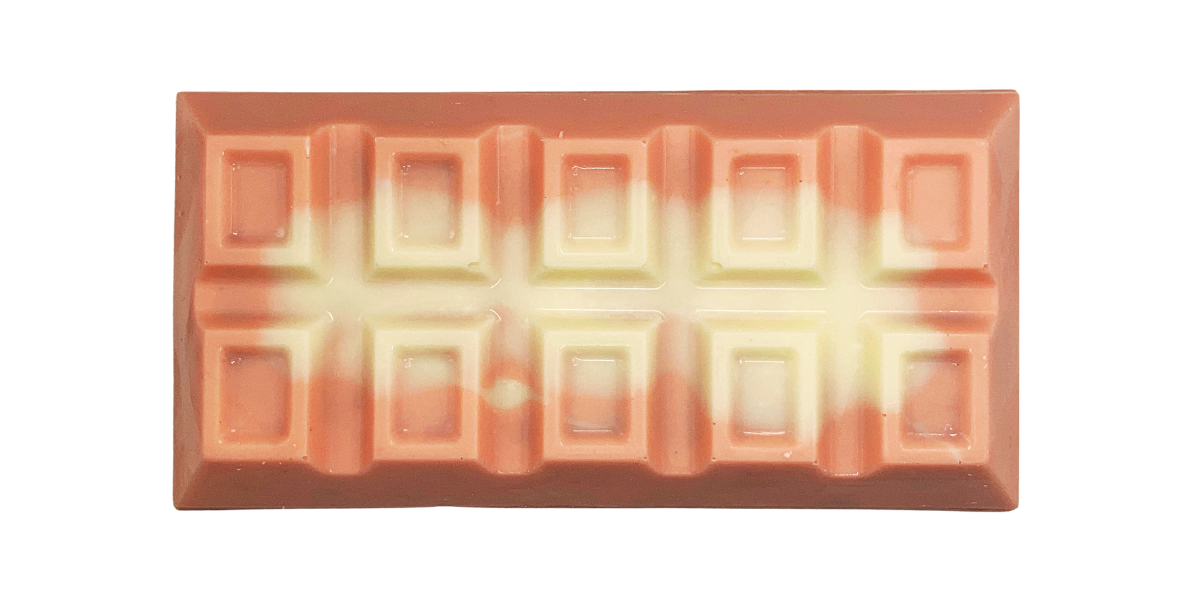 Strawberry Cheesecake stuffed chocolate bar featuring White & Pink Chocolate, Butter Cake, Strawberry Jame & Graham Cracker